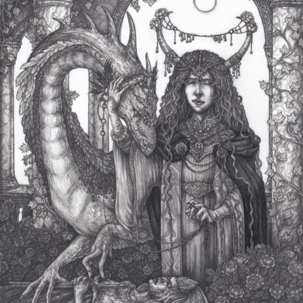Imagen en grafito de un dragón y un personaje en tono fantástico